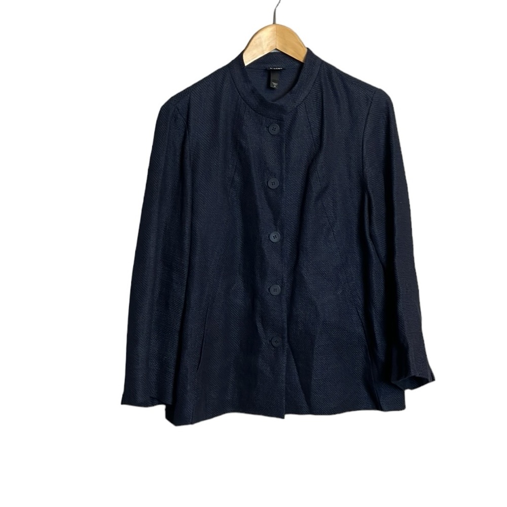 EILEEN FISHER Basket Weave Linen Cotton Blazer Jacket button Mandarin collar M - Picture 2 of 10
